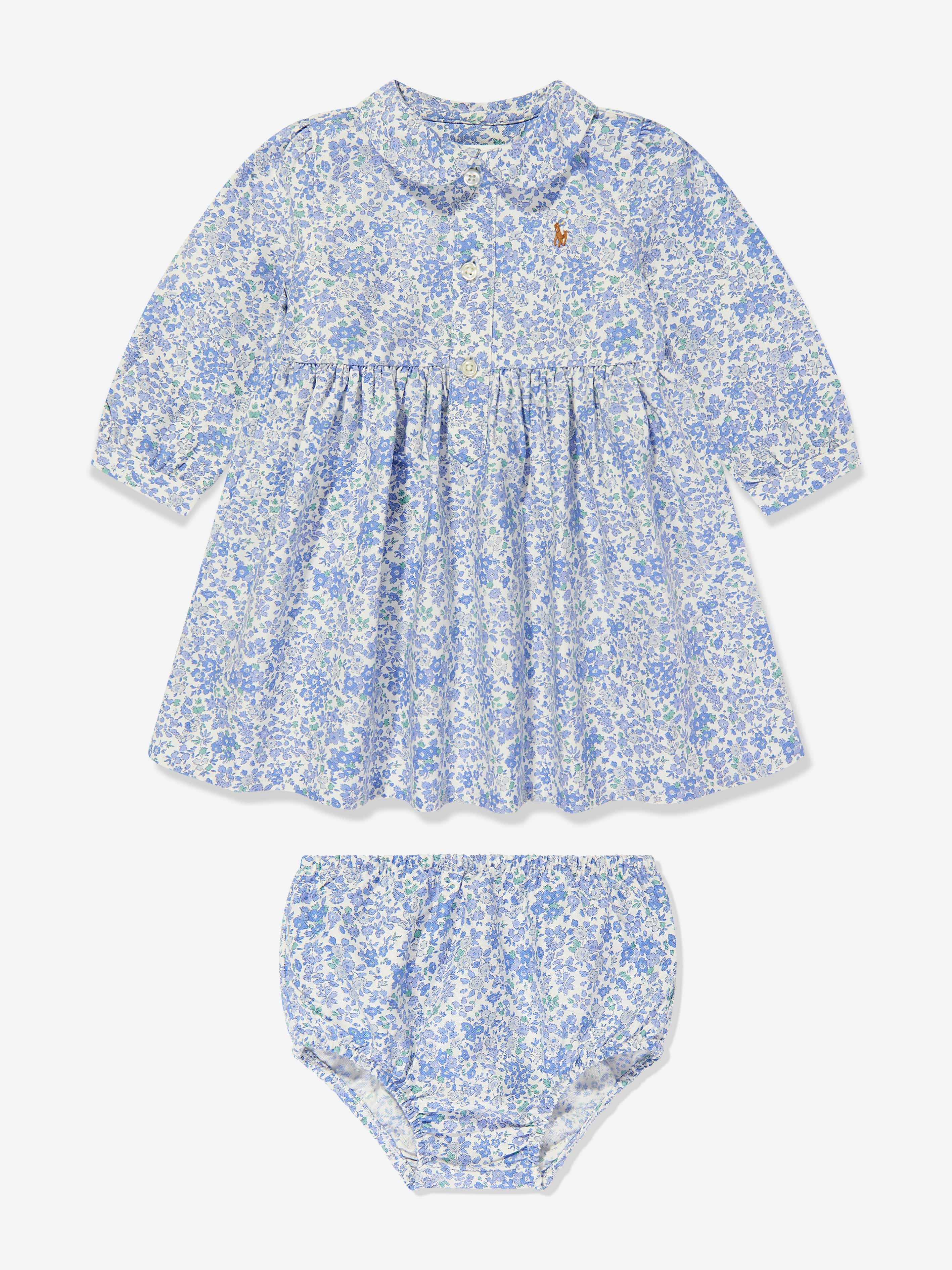 Ralph Lauren Baby Girls Classic Oxford Floral Shirt Dress in Blue