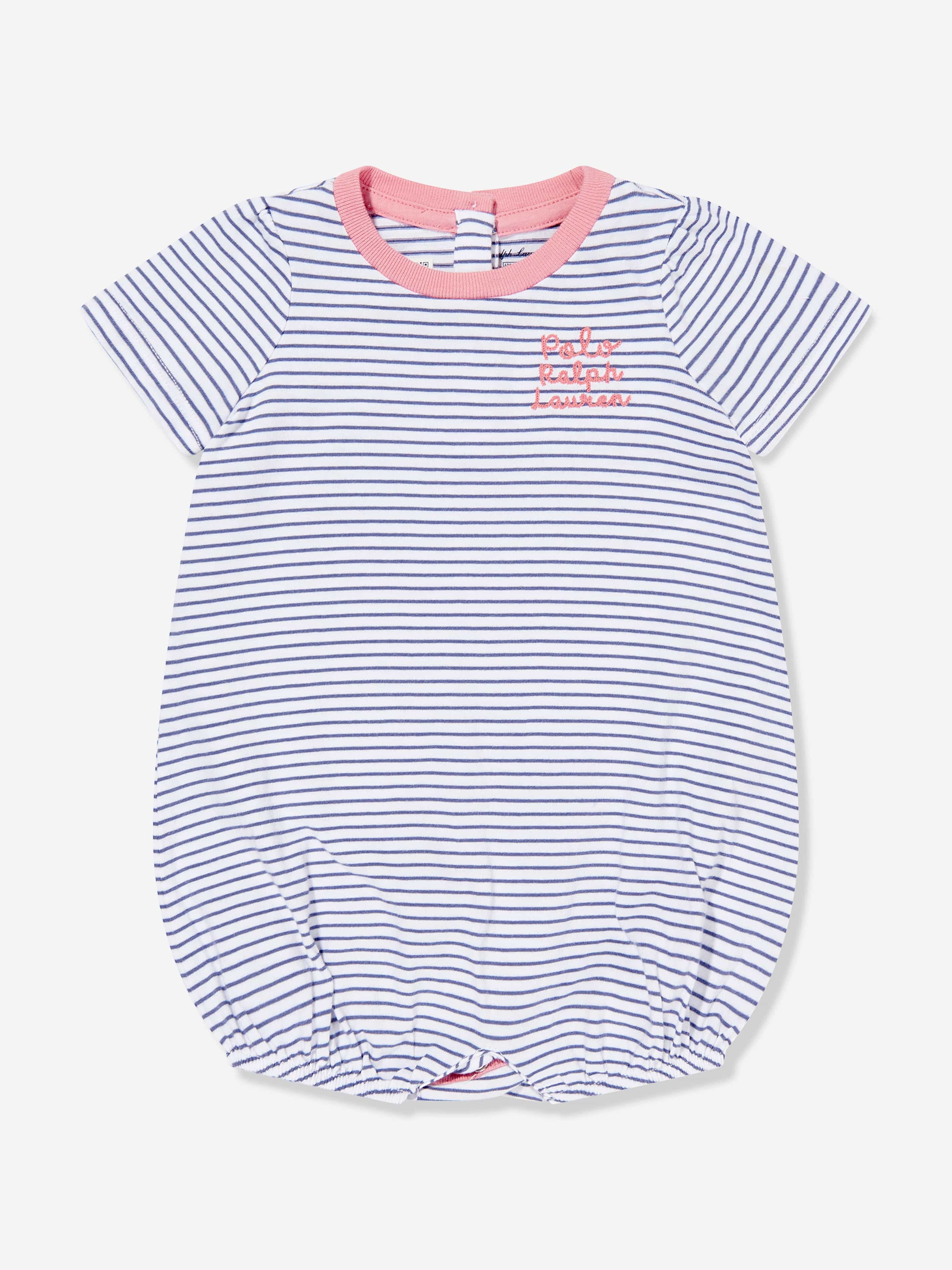 Ralph Lauren Baby Girls Striped Polo Bubble Romper in Blue