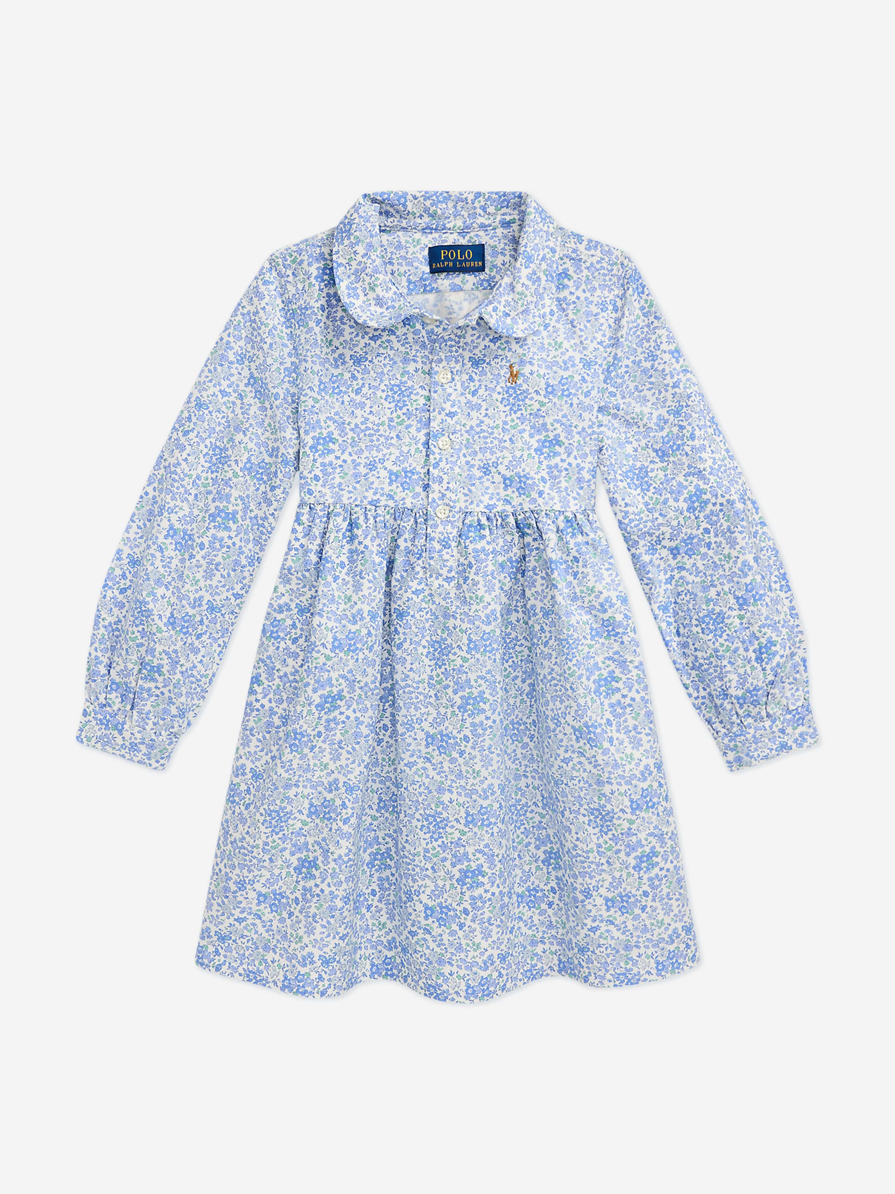 Ralph Lauren Girls Classic Oxford Floral Shirt Dress in Blue