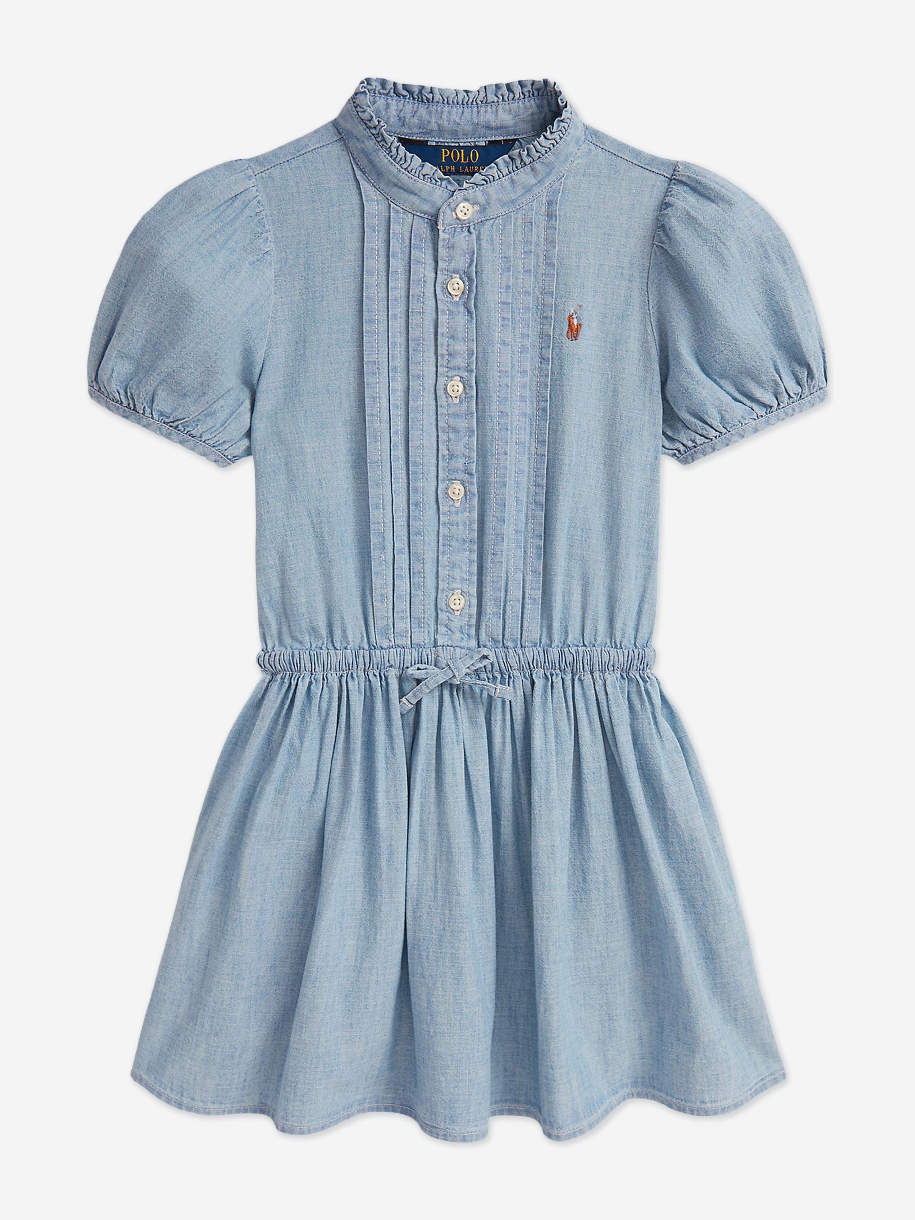Ralph Lauren Girls Ruffled Chambray Dress in Blue