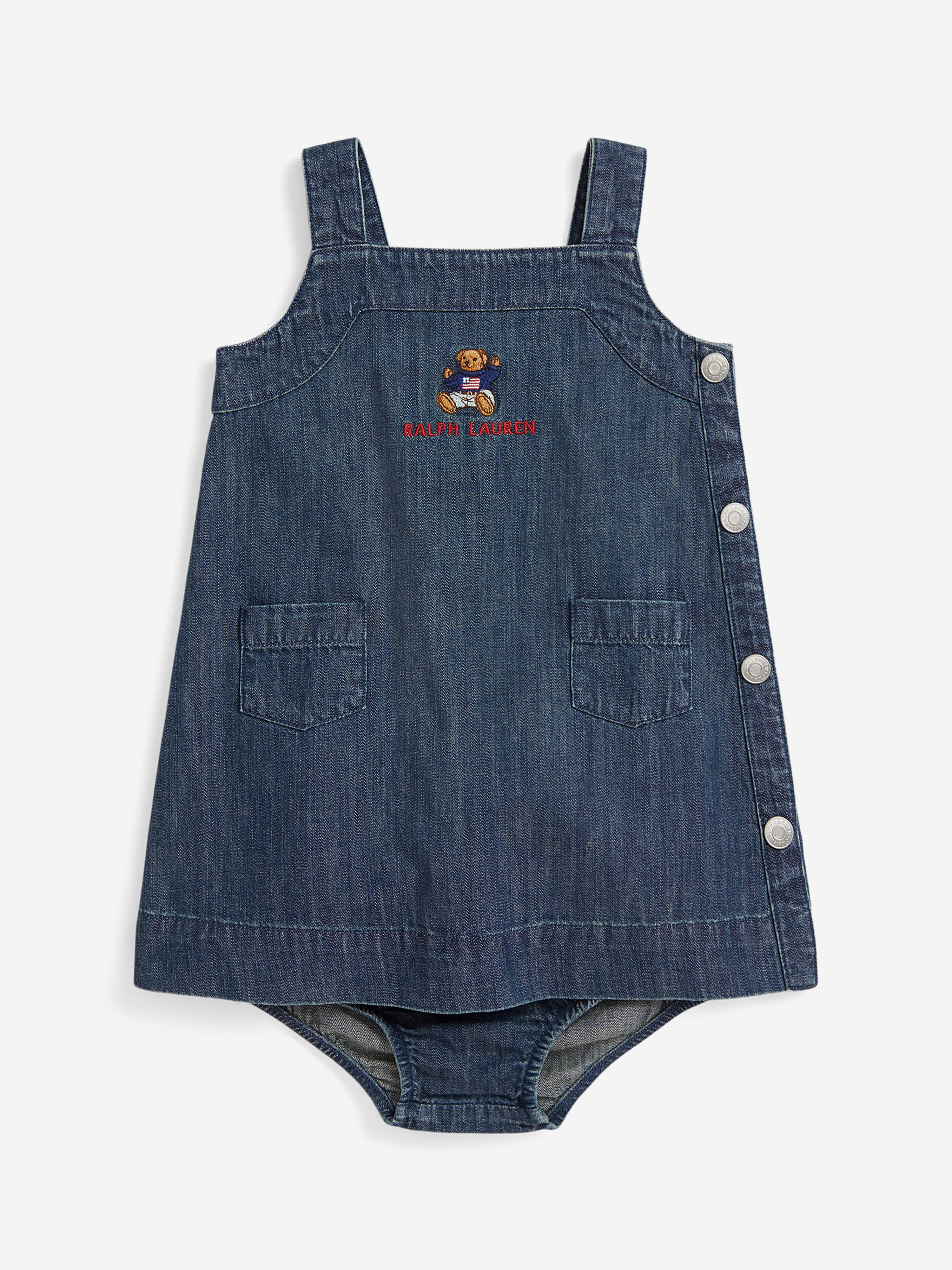 Ralph Lauren Baby Girls Polo Bear Pinafore Dress in Blue