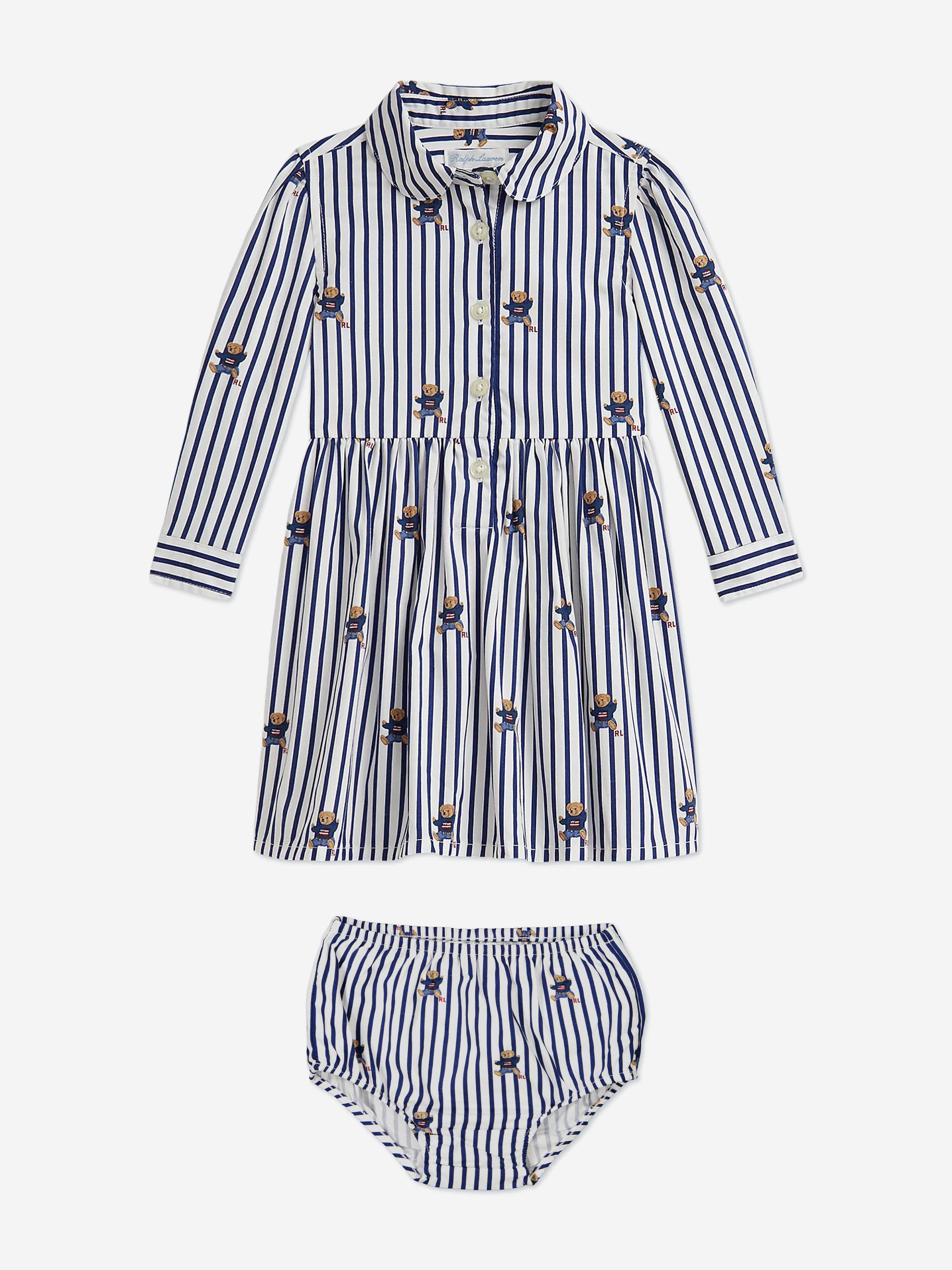 Ralph Lauren Baby Girls Striped Bear Shirt Dress in Navy