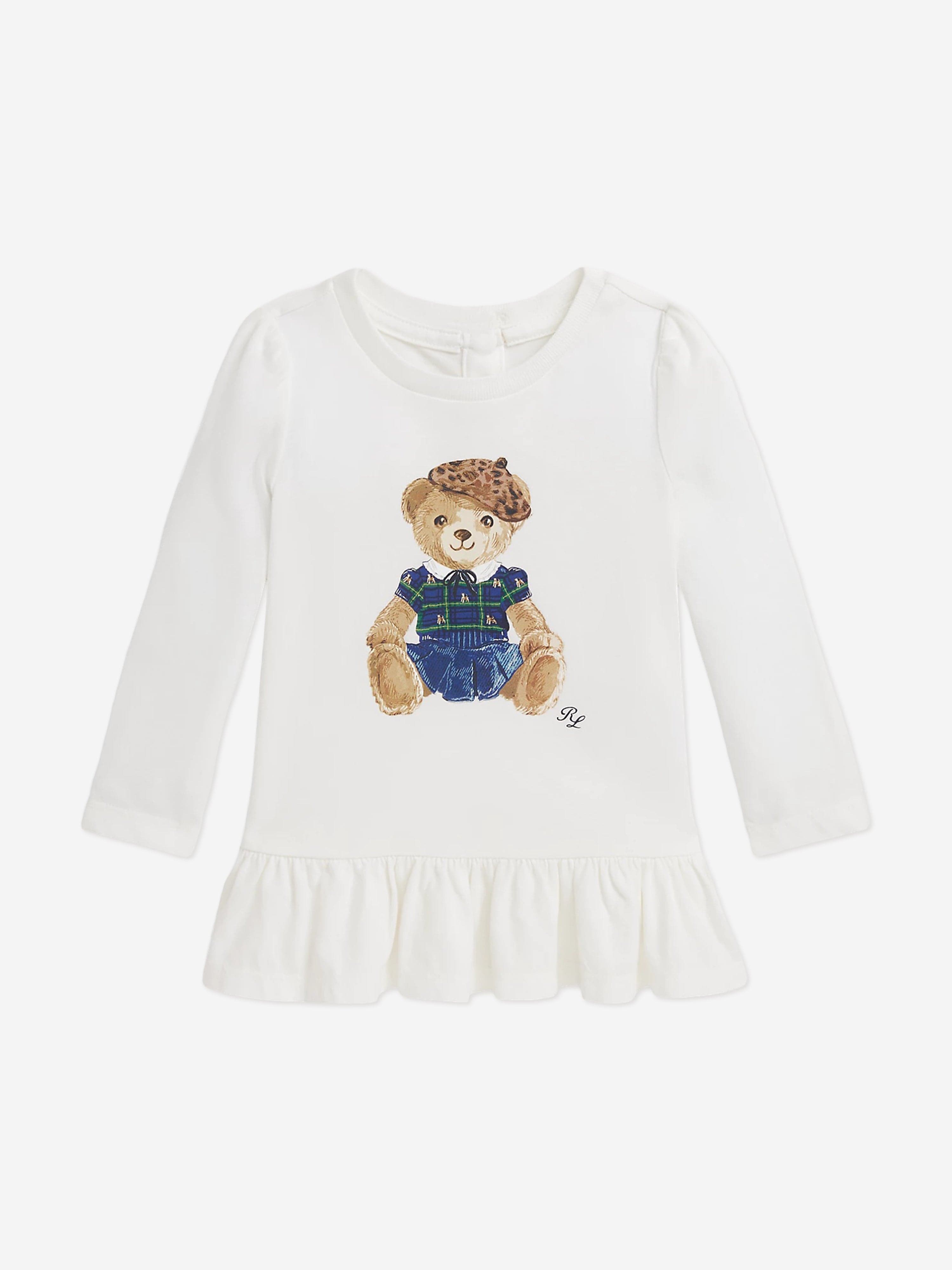 Ralph Lauren Baby Girls Long Sleeve Bear T-Shirt in White