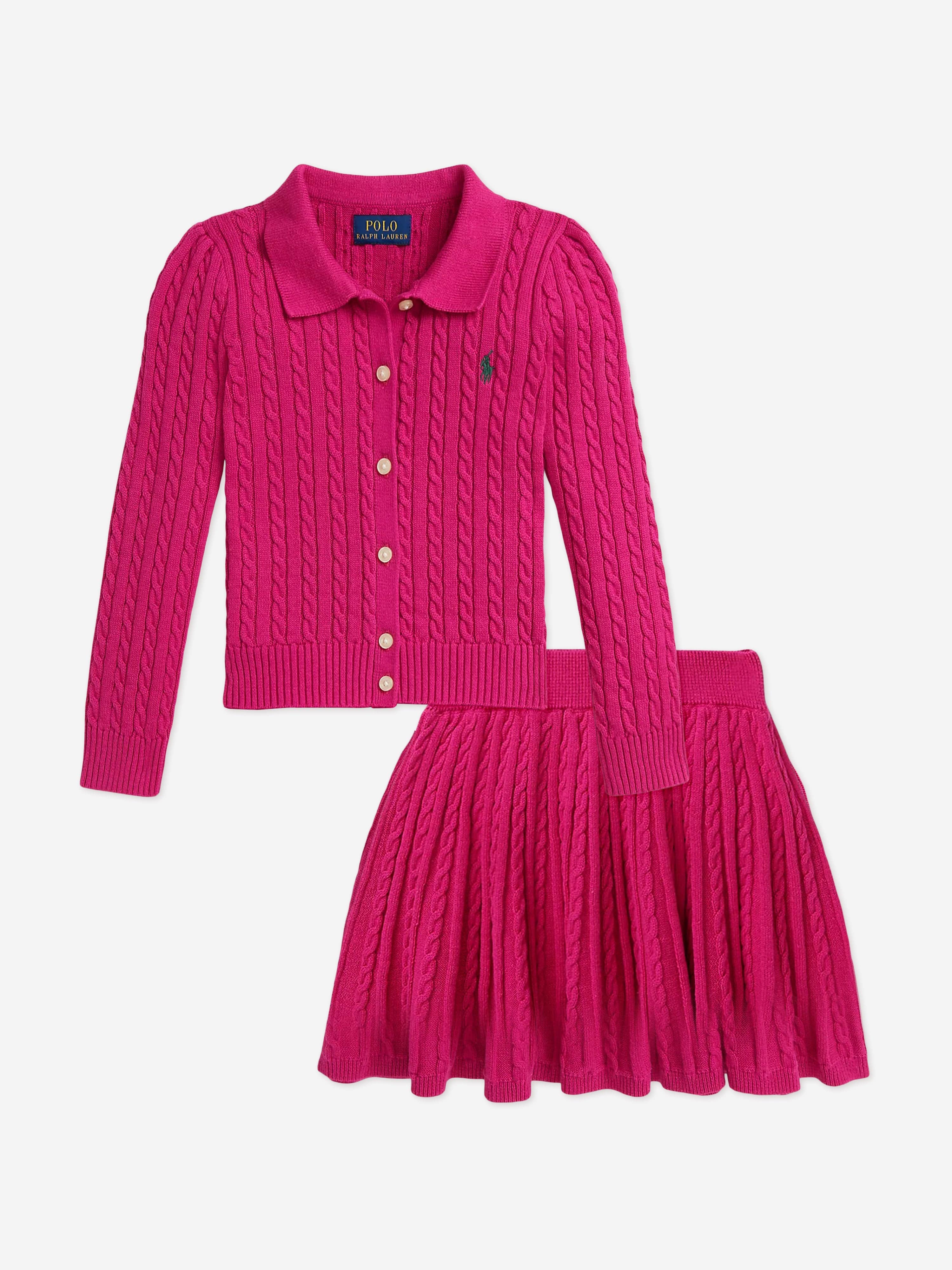 Girls Cable Knit Cardigan and Skirt Set in Pink